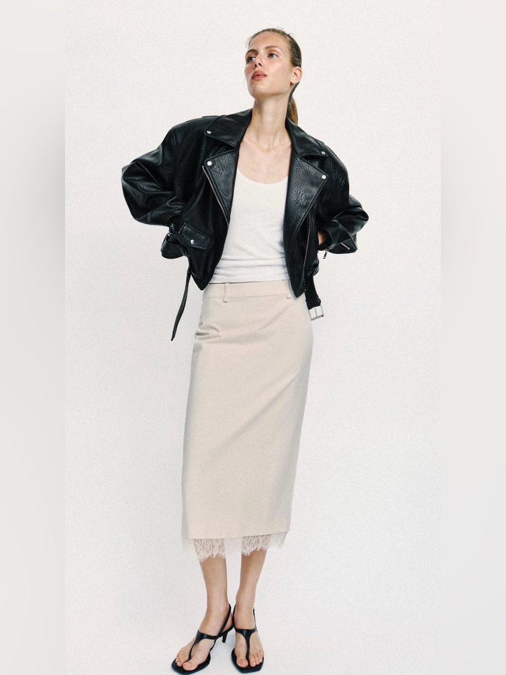 Zara Beige Lace-Hem Midi Pencil Skirt